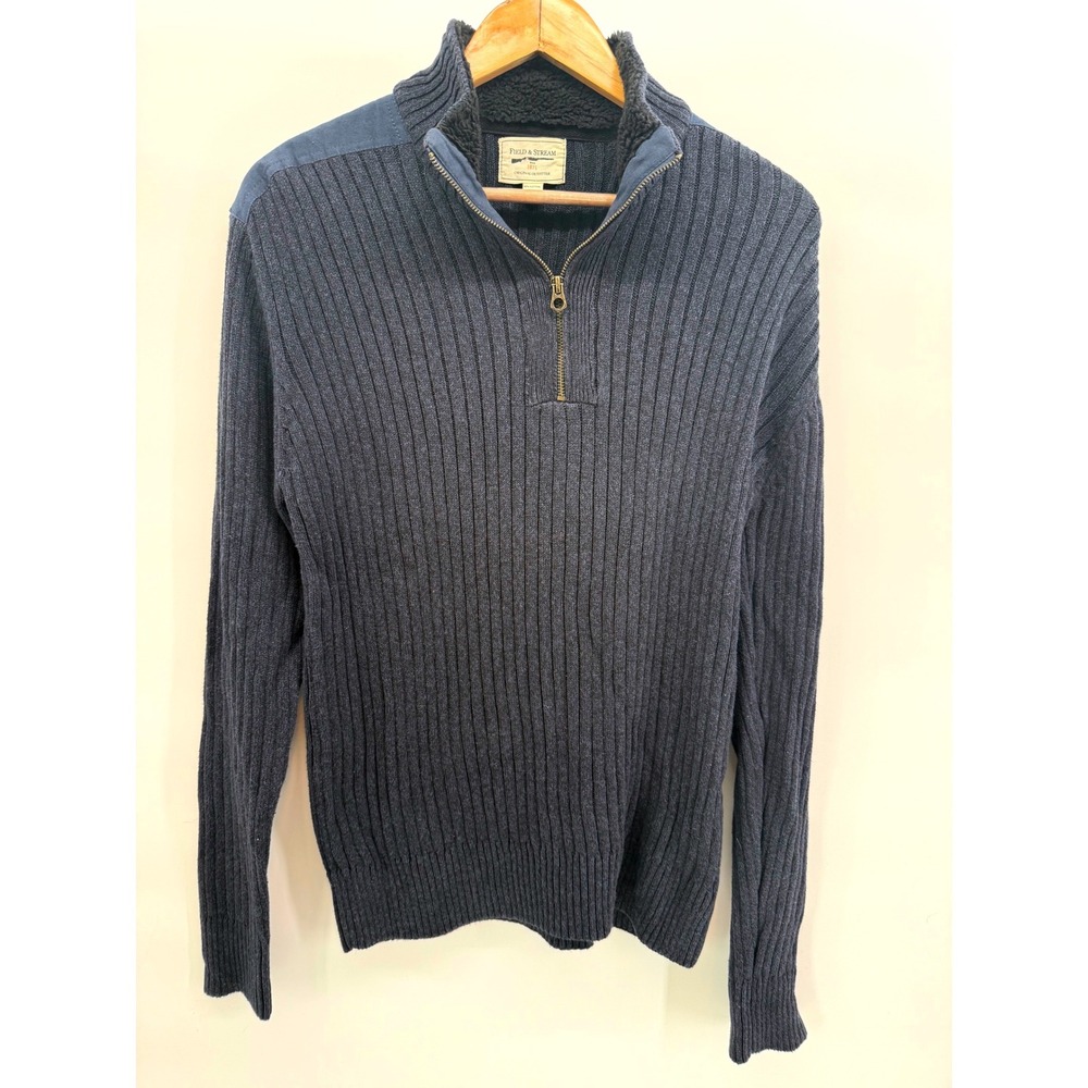 Field & Stream Mens Navy Blue Ribbed Quarter Zip Sherpa Collar Sweater Large